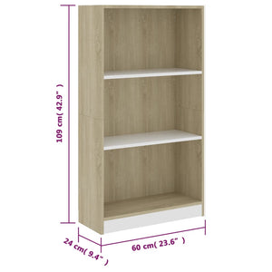 Libreria a 3 Ripiani Bianco e Sonoma 60x24x109cm in Multistrato 800869