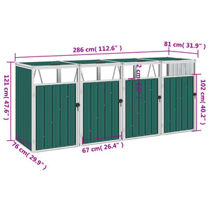 Copri Bidone Rifiuti Quadruplo Verde 286x81x121 cm in Acciaio 46285