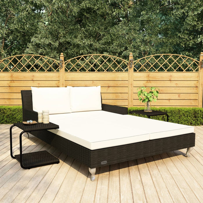 Lettino Prendisole per 2 Persone con Cuscini in Polyrattan Nero 48129