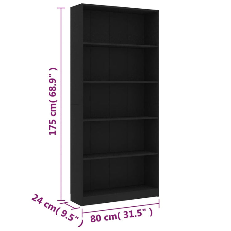 Libreria a 5 Ripiani Nera 80x24x175 cm in Truciolato cod mxl 5667