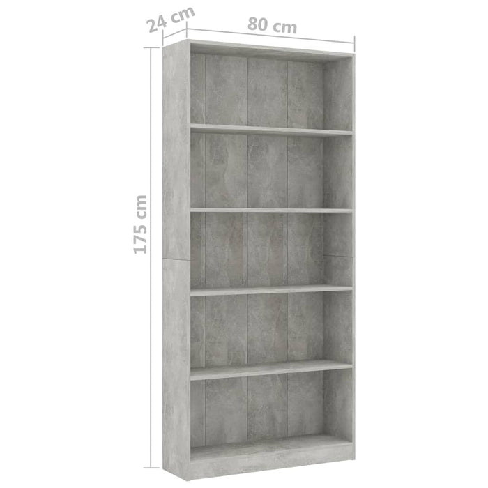 Libreria a 5 Ripiani Grigio Cemento 80x24x175 cm in Truciolato cod mxl 6822