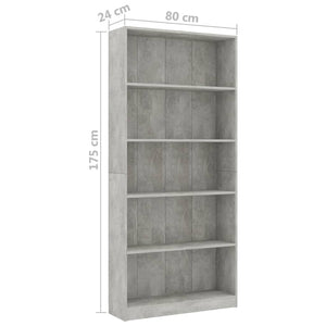 Libreria a 5 Ripiani Grigio Cemento 80x24x175 cm in Truciolato 800922