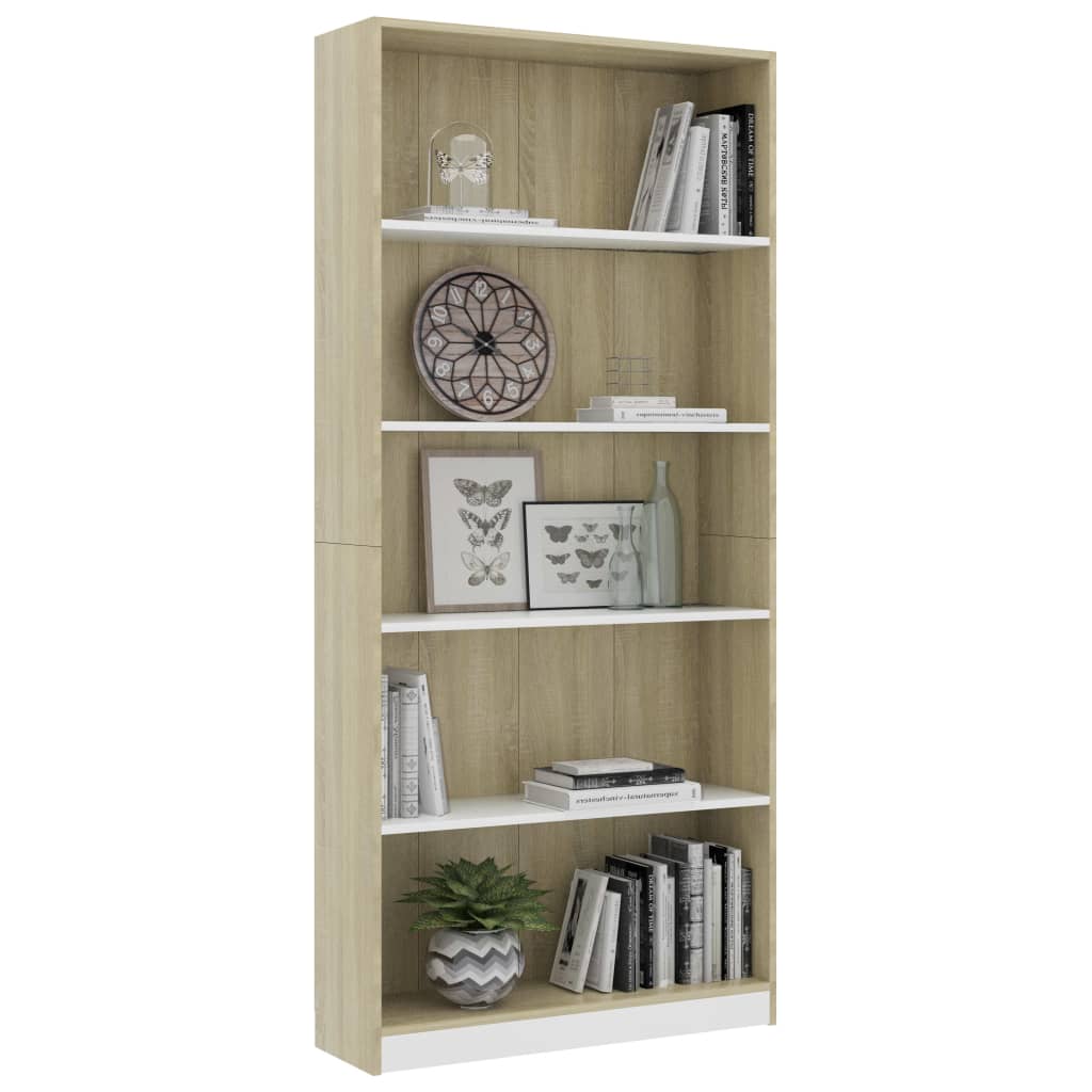 Libreria 5 Ripiani Bianco Rovere Sonoma 80x24x175cm Truciolato cod mxl 60137