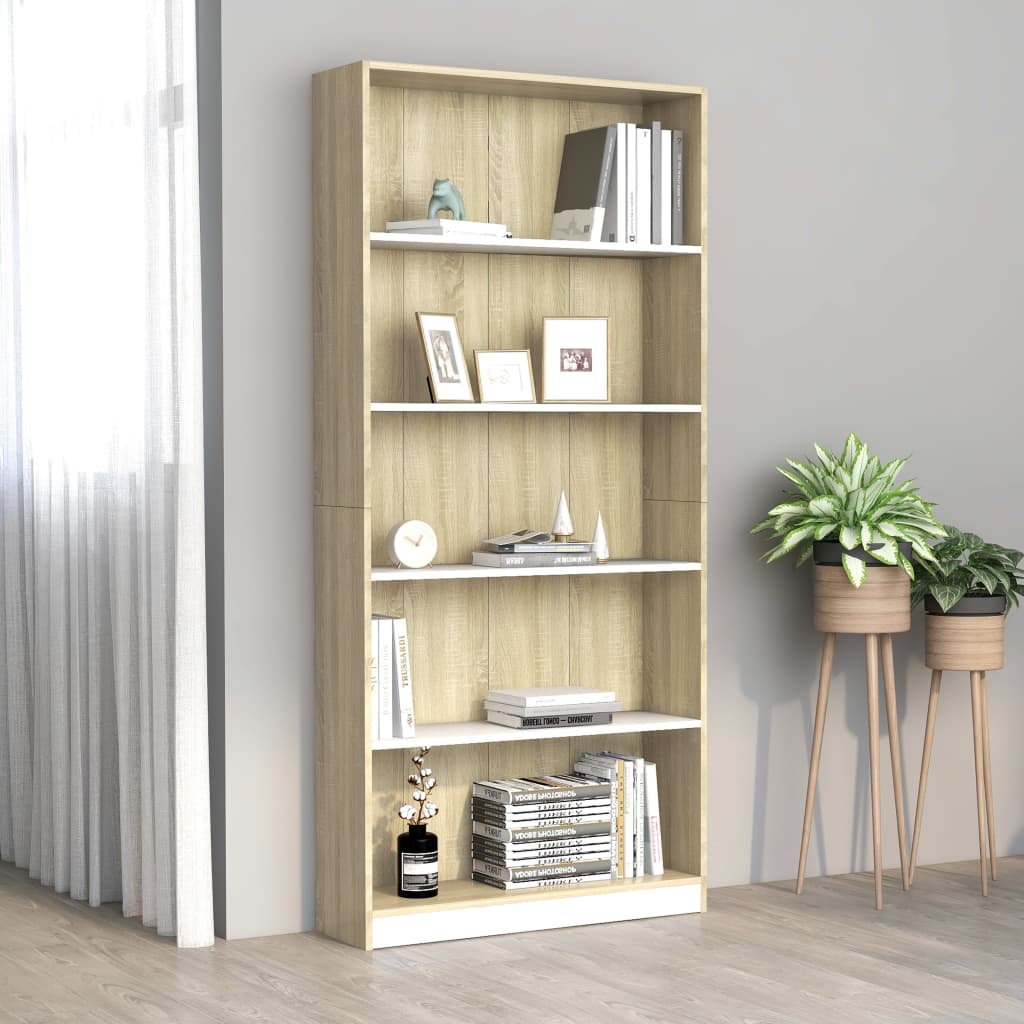 Libreria 5 Ripiani Bianco Rovere Sonoma 80x24x175cm Truciolato cod mxl 60137