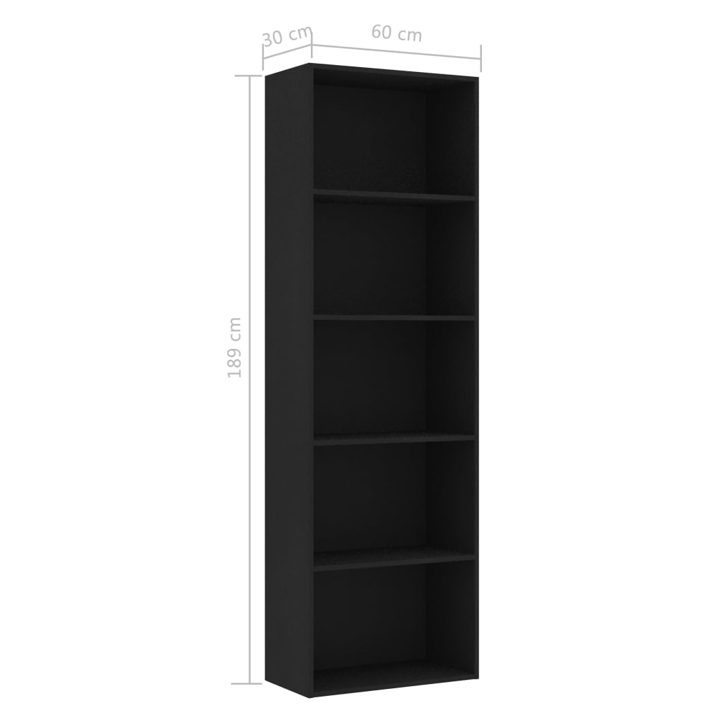 Libreria a 5 Ripiani Nera 60x30x189 cm in Truciolato