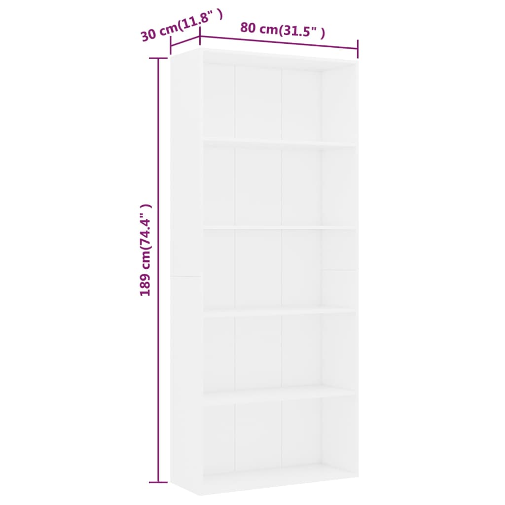 Libreria a 5 Ripiani Bianca 80x30x189 cm in Truciolato