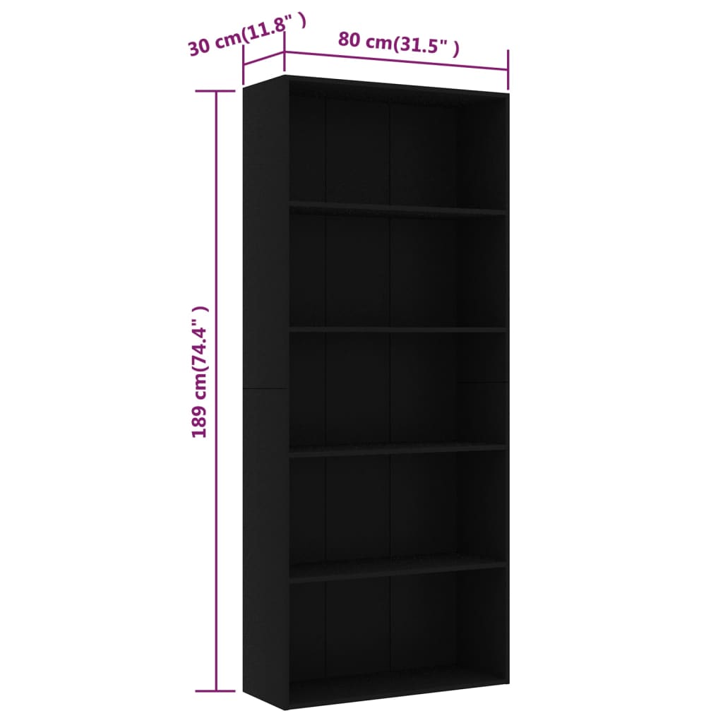 Libreria a 5 Ripiani Nera 80x30x189 cm in Truciolato cod mxl 9170