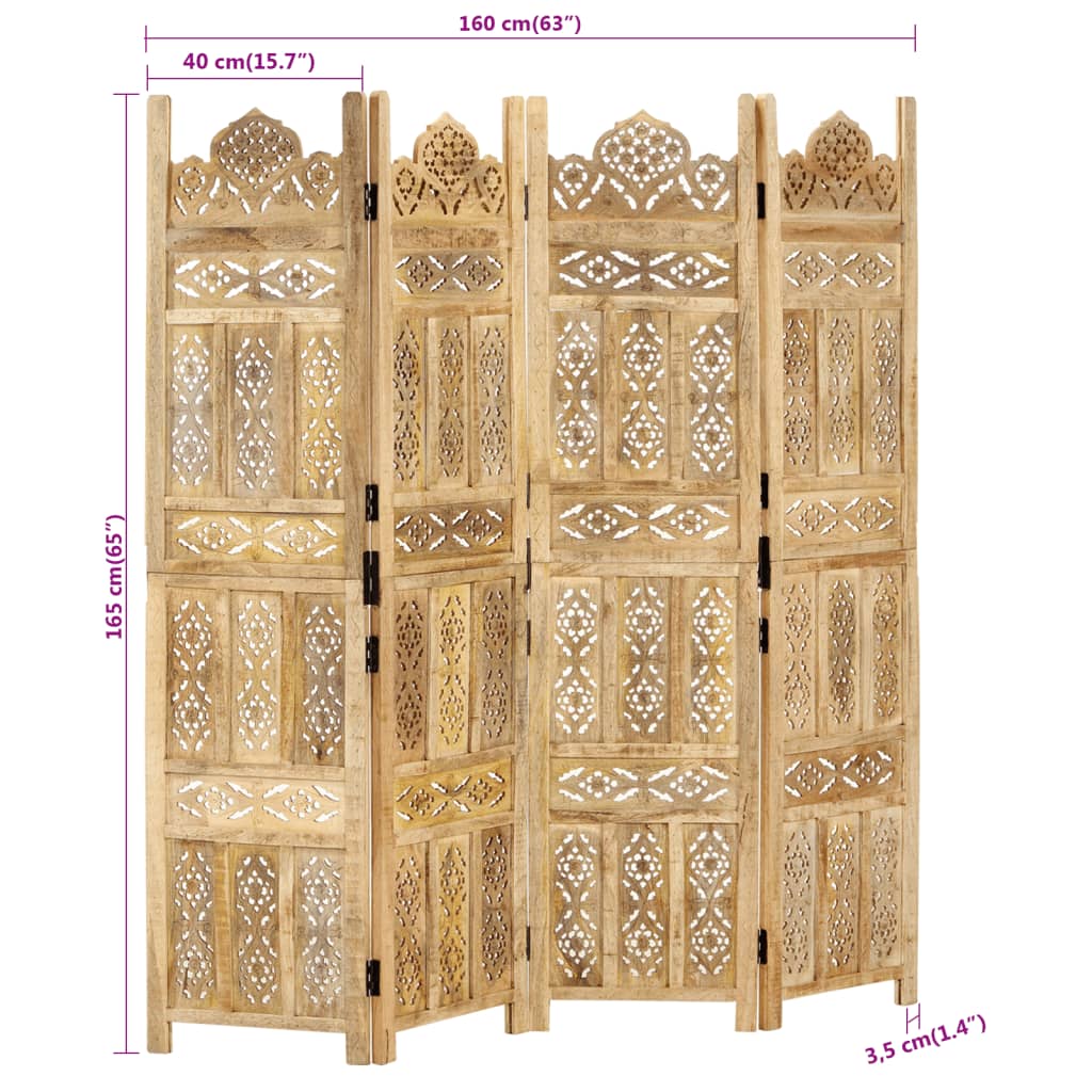 Divisorio a 4 Pannelli Intagliato 160x165cm Massello di Mango 285316