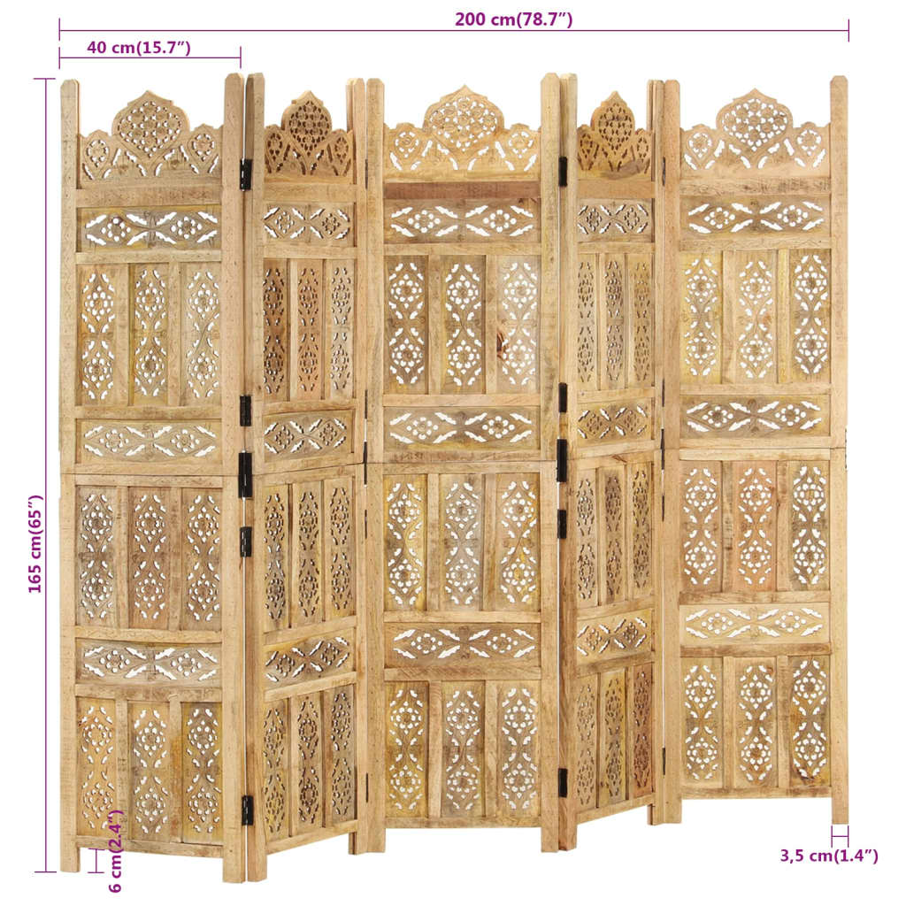 Divisorio a 5 Pannelli Intagliato 200x165cm Massello di Mango 285317