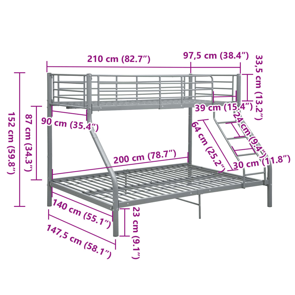 Letto a Castello Grigio in Metallo 140x200 cm/90x200 cm 287904