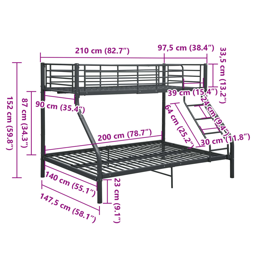 Letto a Castello Nero in Metallo 140x200 cm/90x200 cm 287905