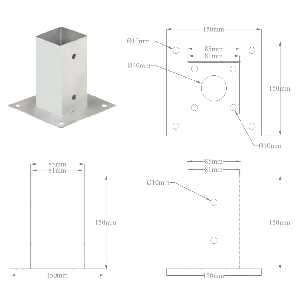 Ancoraggi Pali 4 pz in Metallo Zincato 81 mm cod mxl 58781