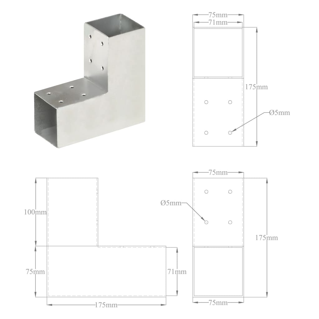 Connettore per Pali a Forma di L in Metallo Zincato 71x71 mm 145453