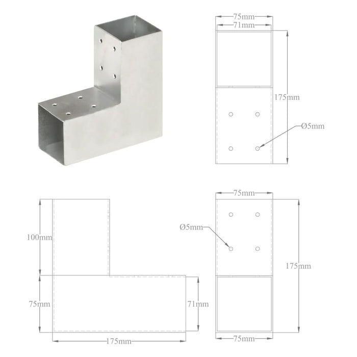 Connettori per Pali a Forma di L 4 pz Metallo Zincato 71x71 mm 145454