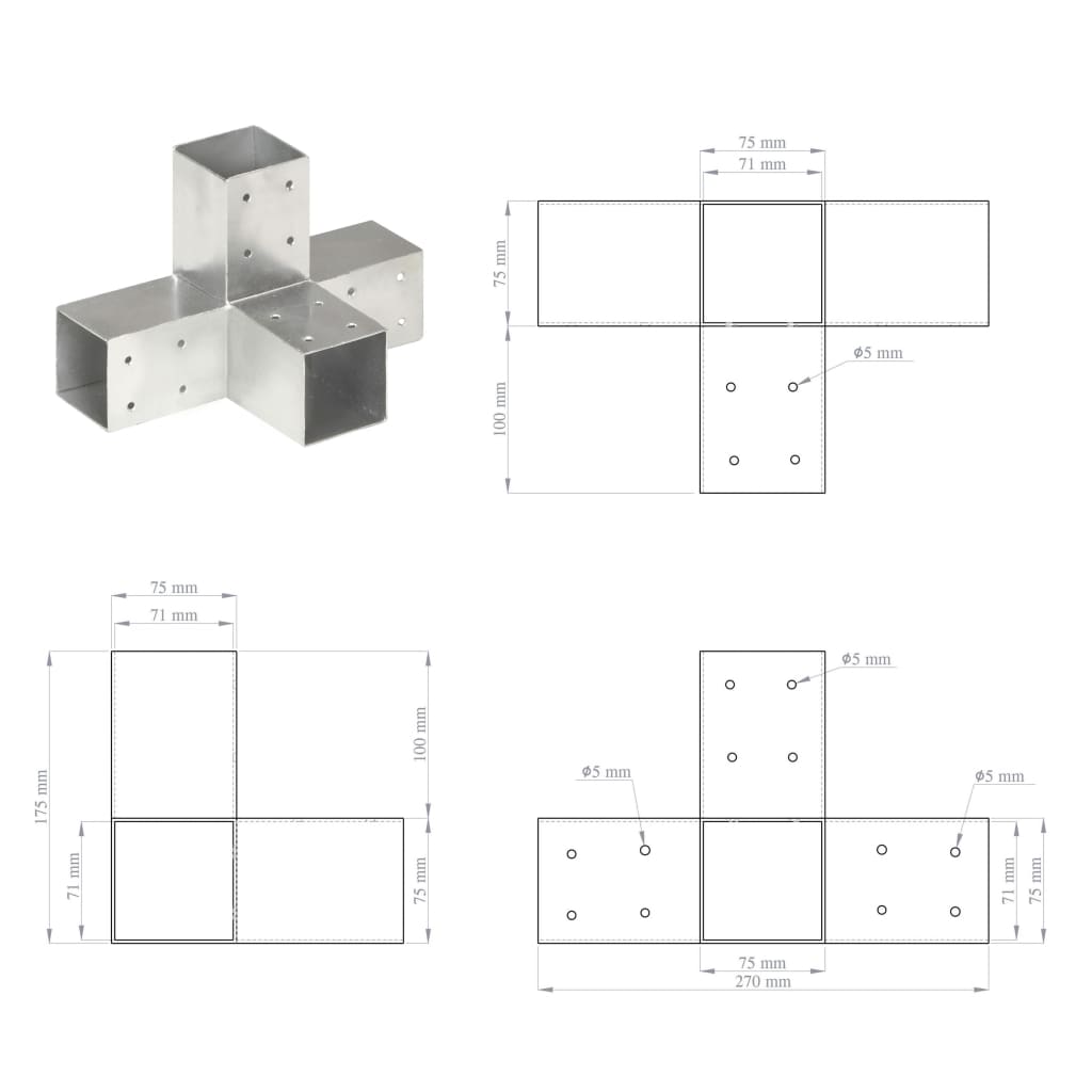 Connettori per Pali a Forma di X 4 pz in Metallo Zincato 71x71 mm 145460