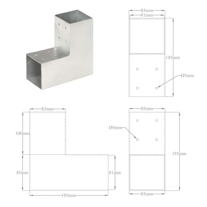 Connettori per Pali a Forma di L 4 pz Metallo Zincato 81x81 mm 145462