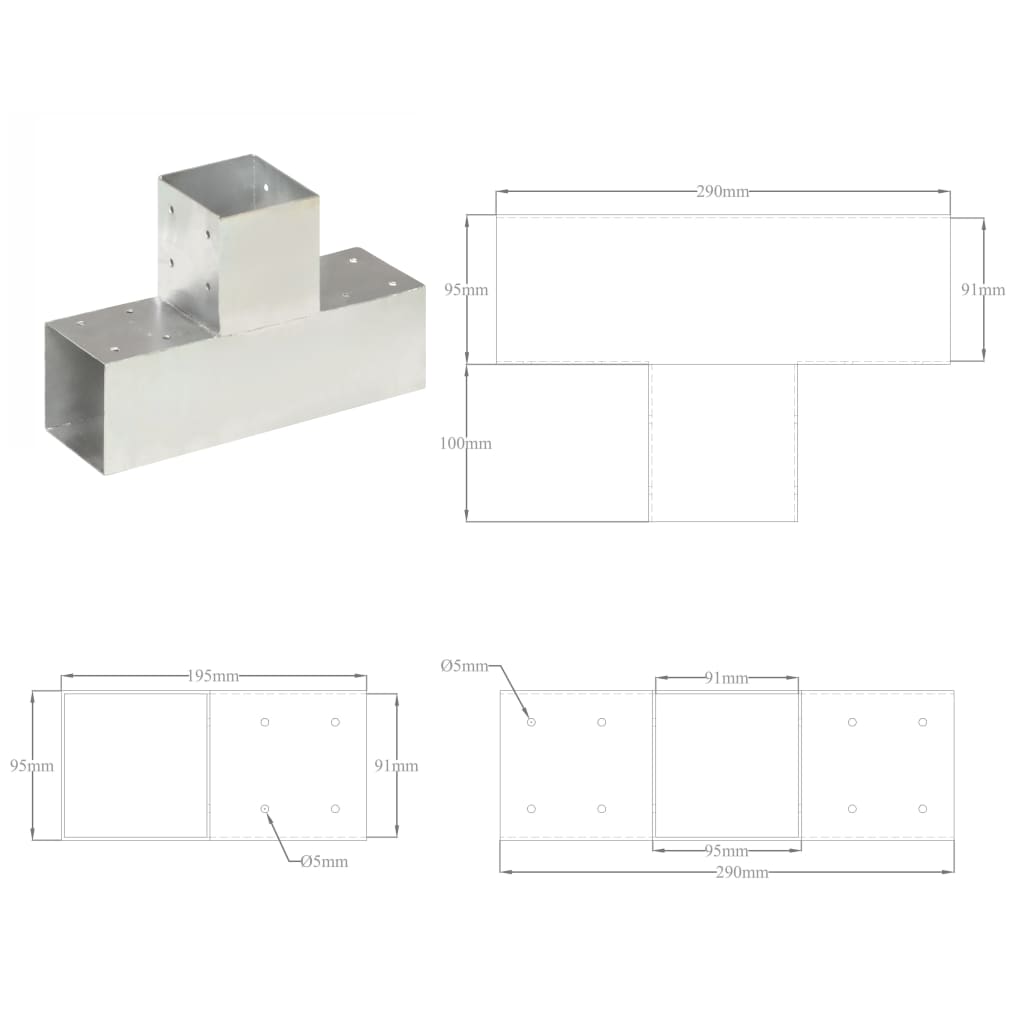 Connettori per Pali a Forma di T 4 pz Metallo Zincato 91x91 mm cod mxl 62030