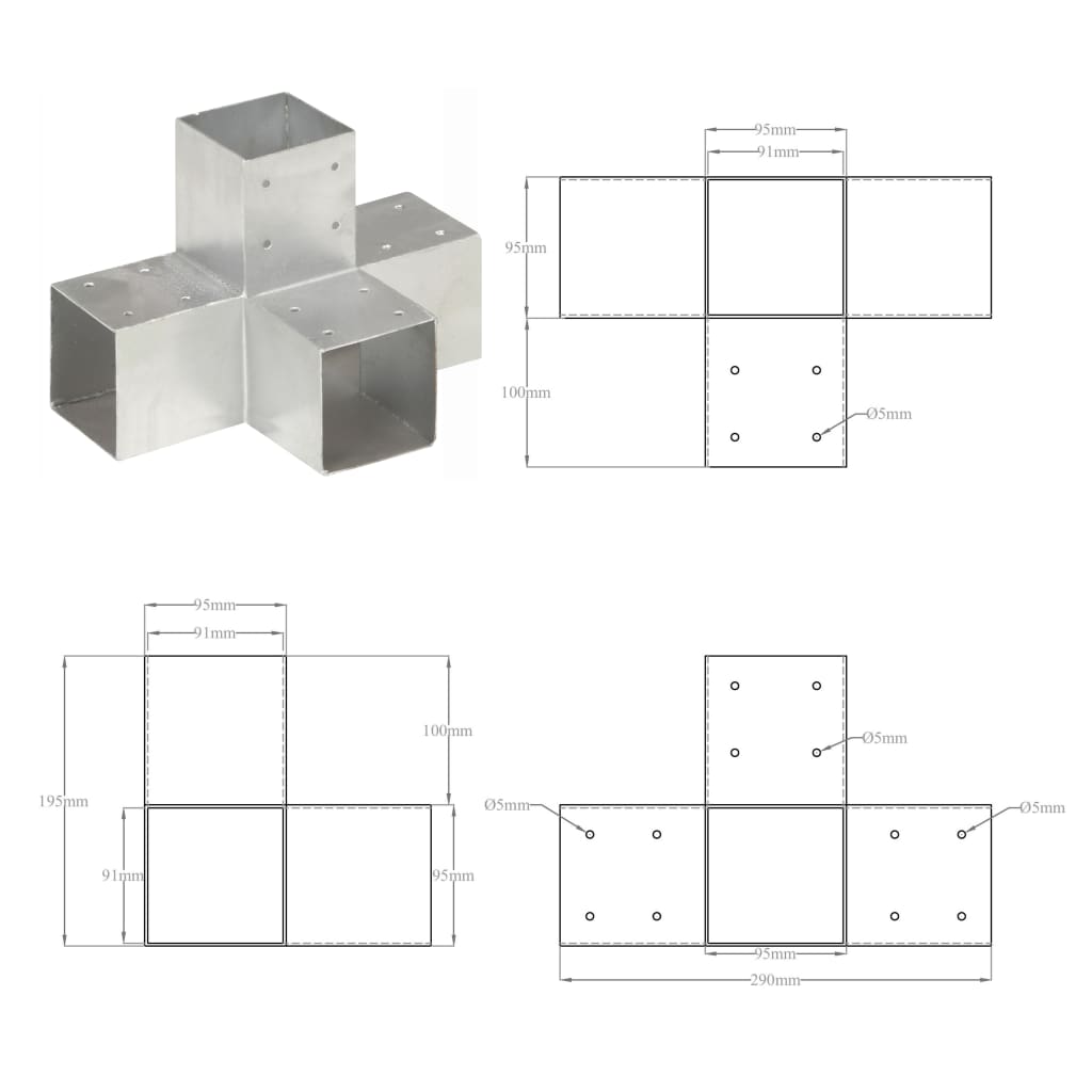 Connettori per Pali a Forma di X 4 pz in Metallo Zincato 91x91 mm cod mxl 66313