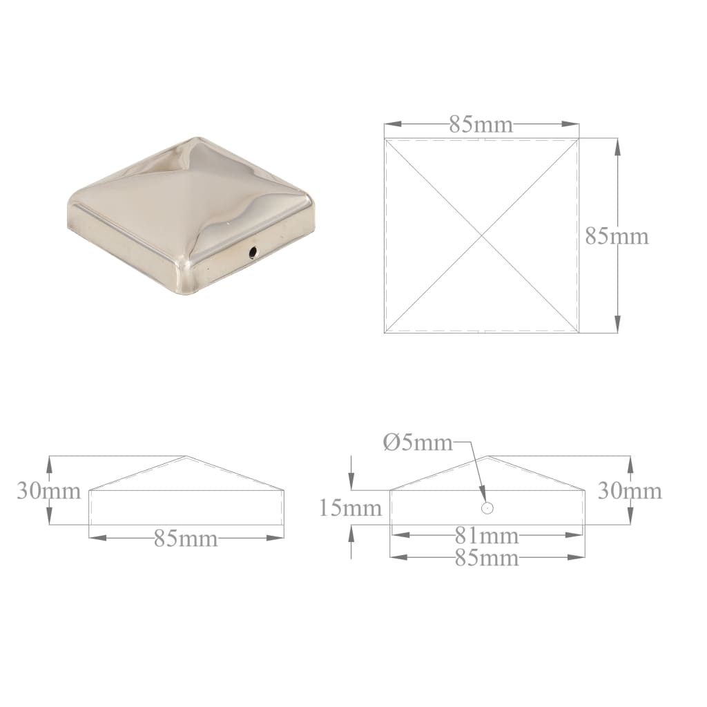 Tappi per Pali a Piramide 6 pz in Acciaio Inox 81x81 mm