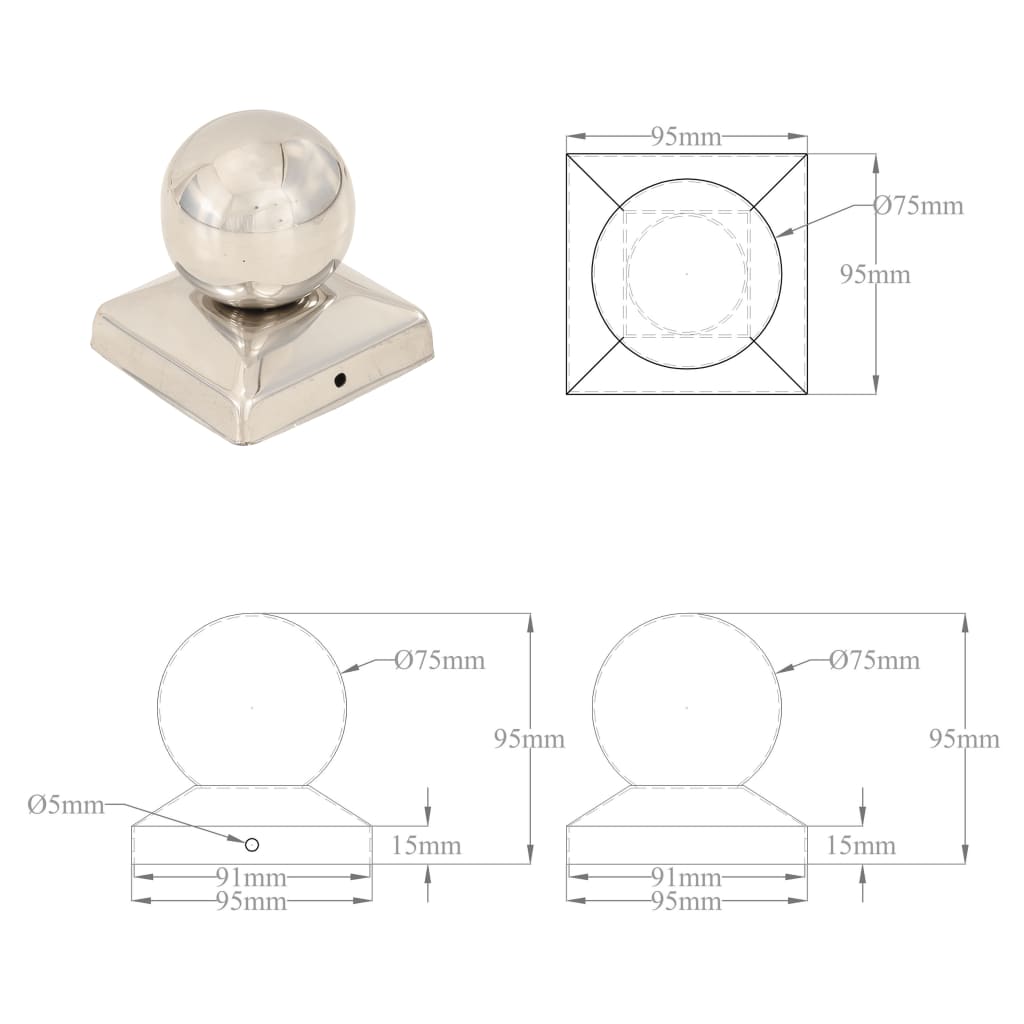 Tappi per Pali 6 pz Estremità a Globo in Acciaio Inox 91x91 mm