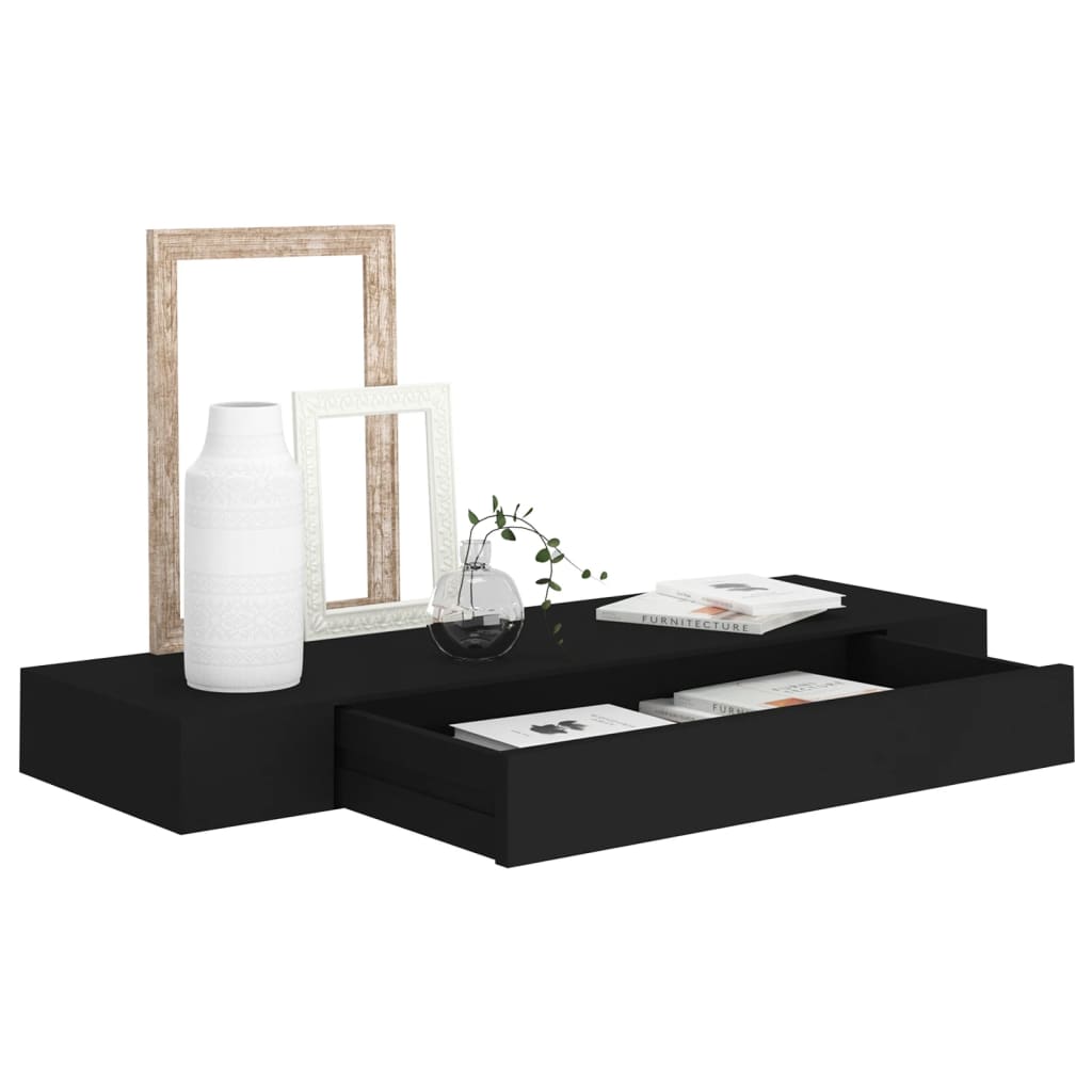 Mensola a Muro Galleggiante con Cassetto Nera 80x25x8 cm cod mxl 33736