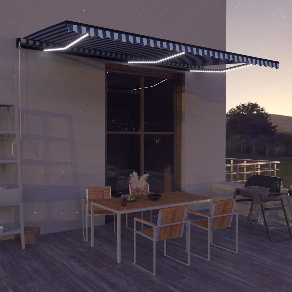 Tenda da Sole Retrattile Manuale con LED 600x300cm Blu e Bianca cod mxl 43841