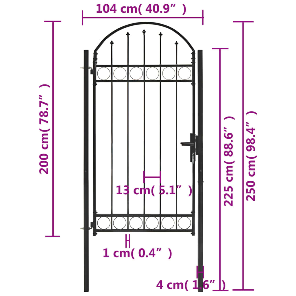 Cancello per Recinzione ad Arco in Acciaio 100x250 cm Nero 146339