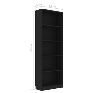 Libreria a 5 Ripiani Nera 60x24x175 cm in Truciolato