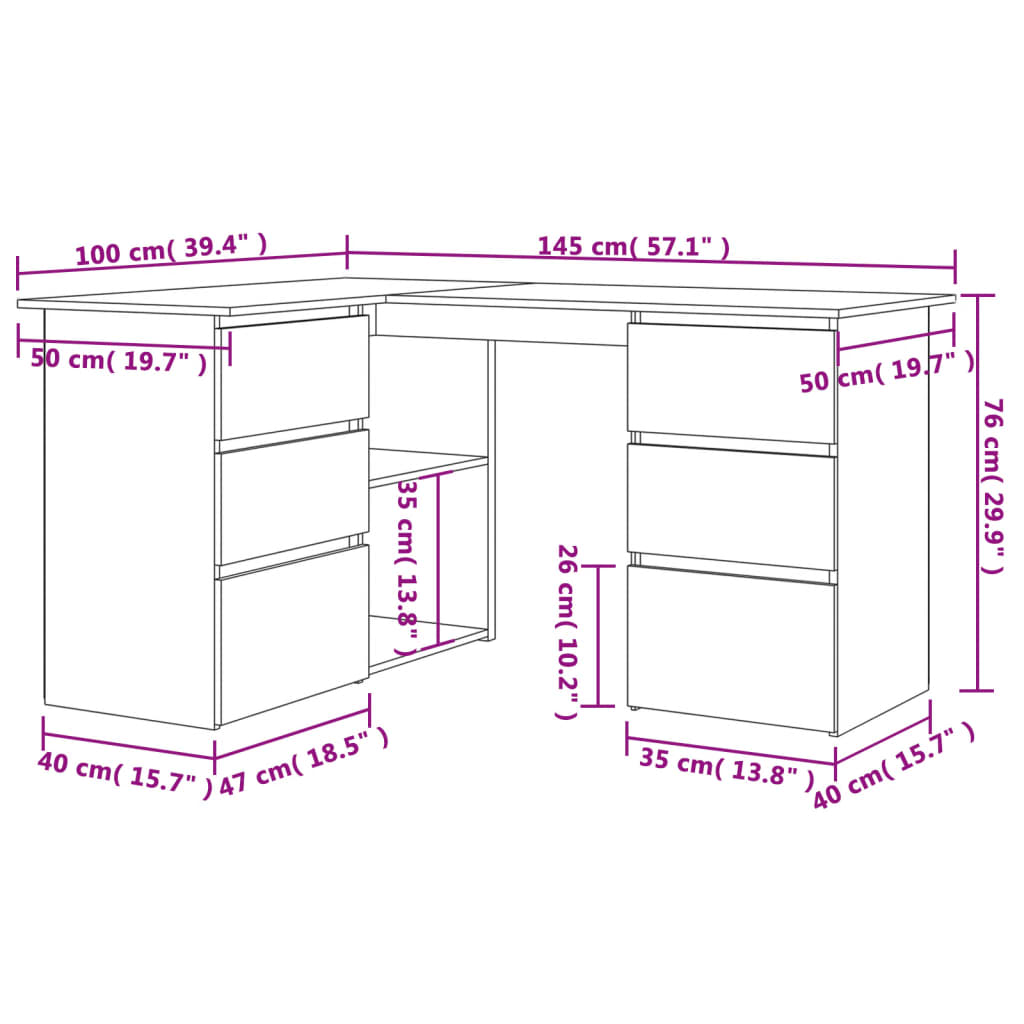 Scrivania ad Angolo Bianco Lucido 145x100x76 cm in Truciolato cod mxl 77895