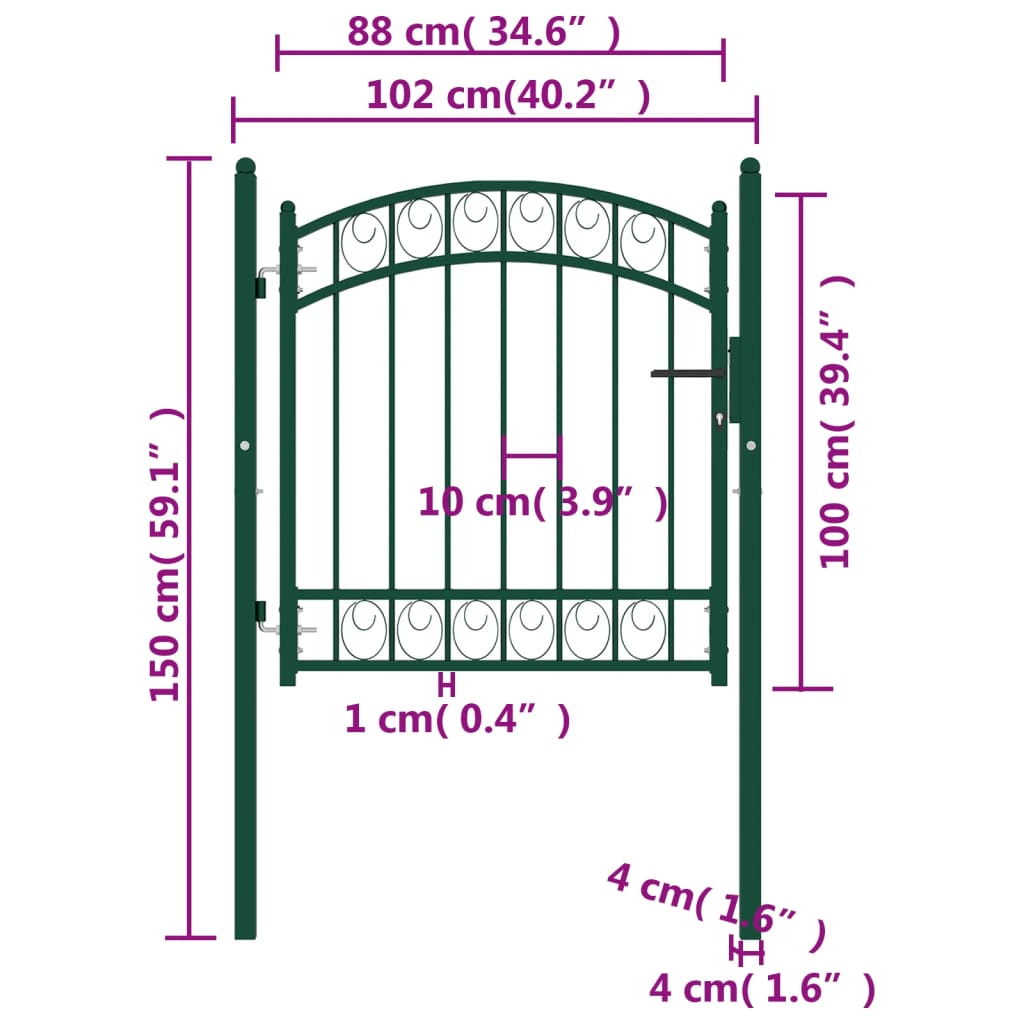 Cancello per Recinzione ad Arco in Acciaio 100x100 cm Verde cod mxl 49654