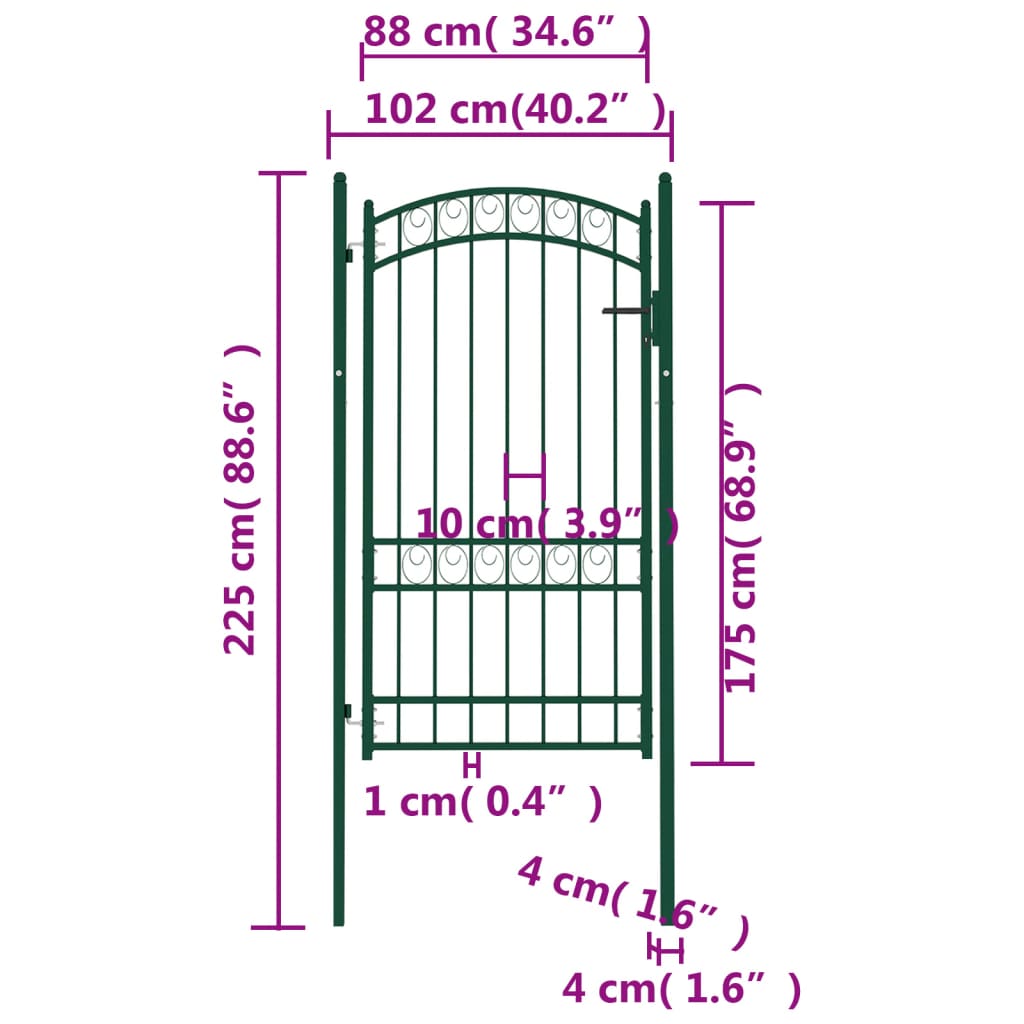 Cancello per Recinzione ad Arco in Acciaio 100x175 cm Verde