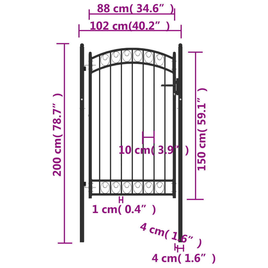 Cancello per Recinzione ad Arco in Acciaio 100x150 cm Nero