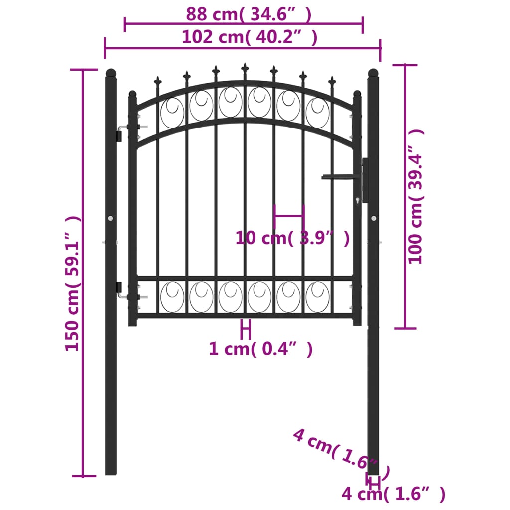 Cancello per Recinzione con Punte in Acciaio 100x100 cm Nero cod mxl 43192