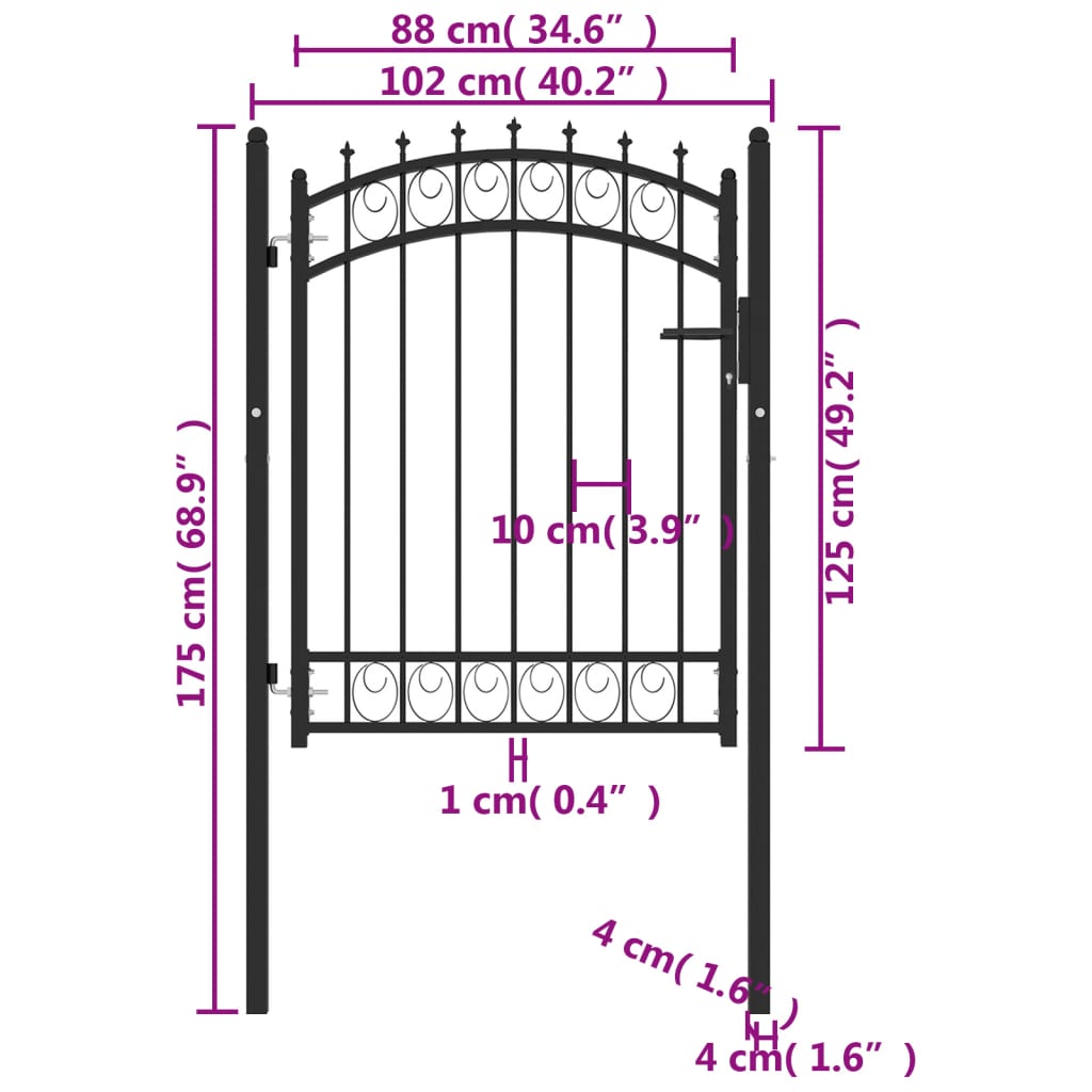 Cancello per Recinzione con Punte in Acciaio 100x125 cm Nero cod mxl 46128