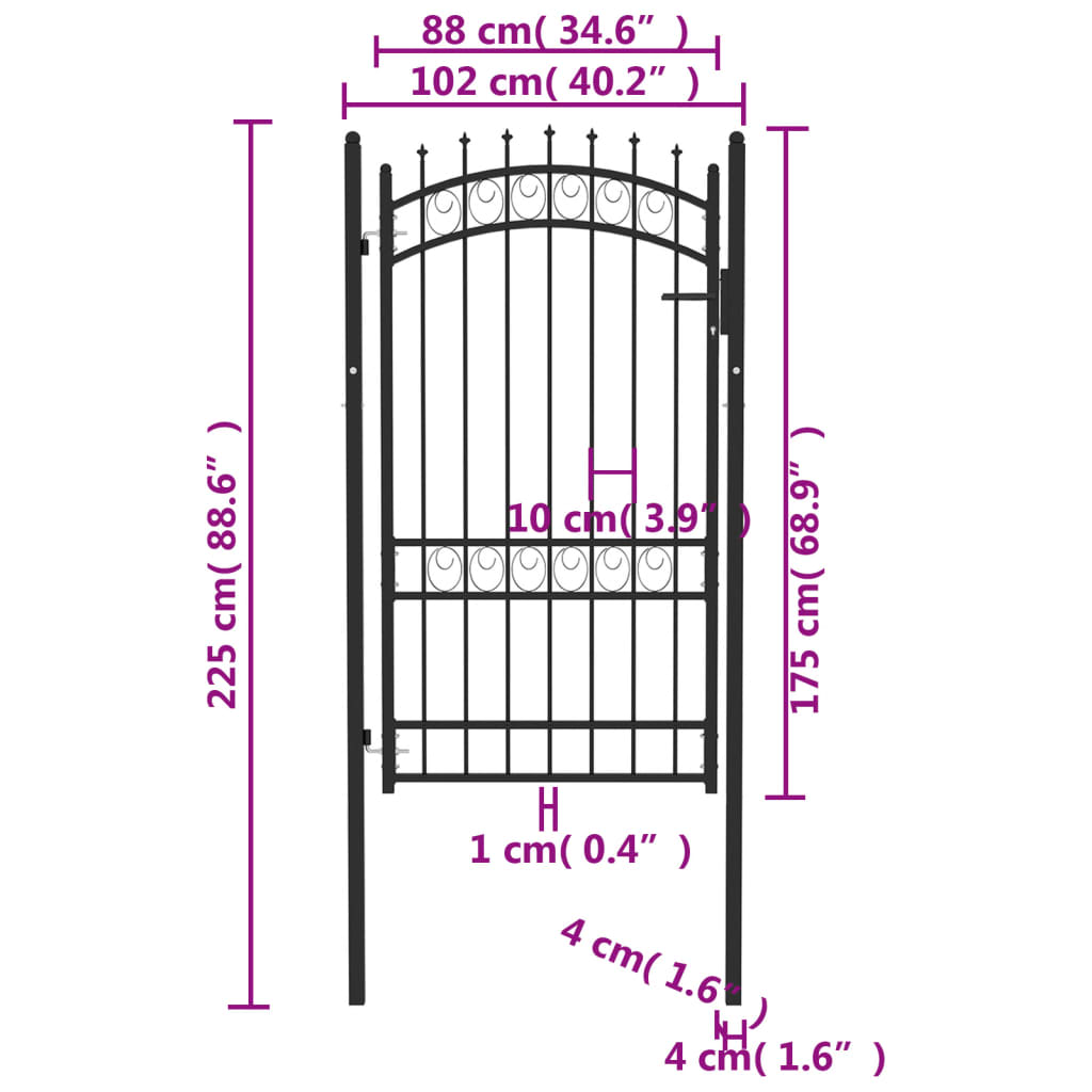 Cancello per Recinzione con Punte in Acciaio 100x175 cm Nero