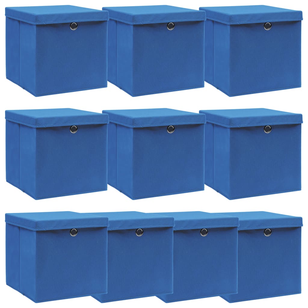 Scatole con Coperchi 10 pz Blu 32x32x32 cm in Tessuto