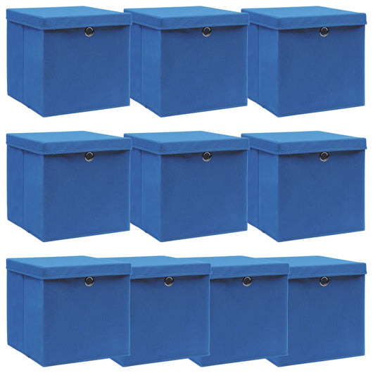 Scatole con Coperchi 10 pz Blu 32x32x32 cm in Tessuto