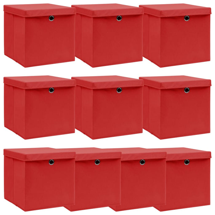 Scatole con Coperchi 10 pz Rosse 32x32x32 cm in Tessuto