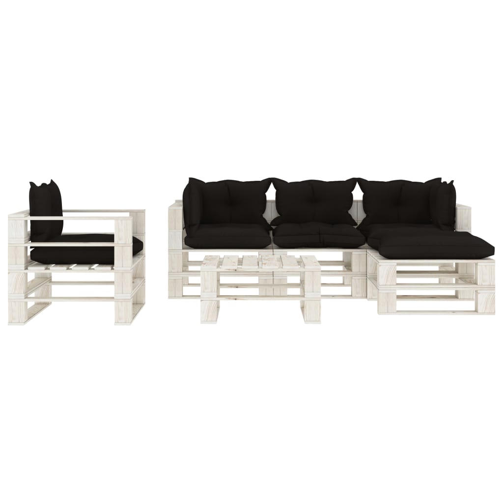 Set Salotto da Giardino su Pallet 6pz con Cuscini Neri in Legno 3052358