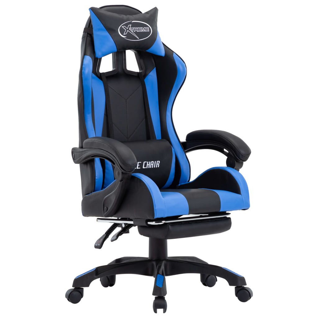 Sedia da Gaming con Poggiapiedi Blu e Nera in Similpelle