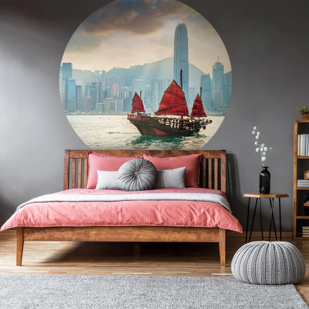 WallArt Cerchio Carta da Parati Skyline with Junk Boat 190 cm 440349