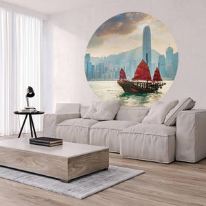 WallArt Cerchio Carta da Parati Skyline with Junk Boat 190 cm 440349