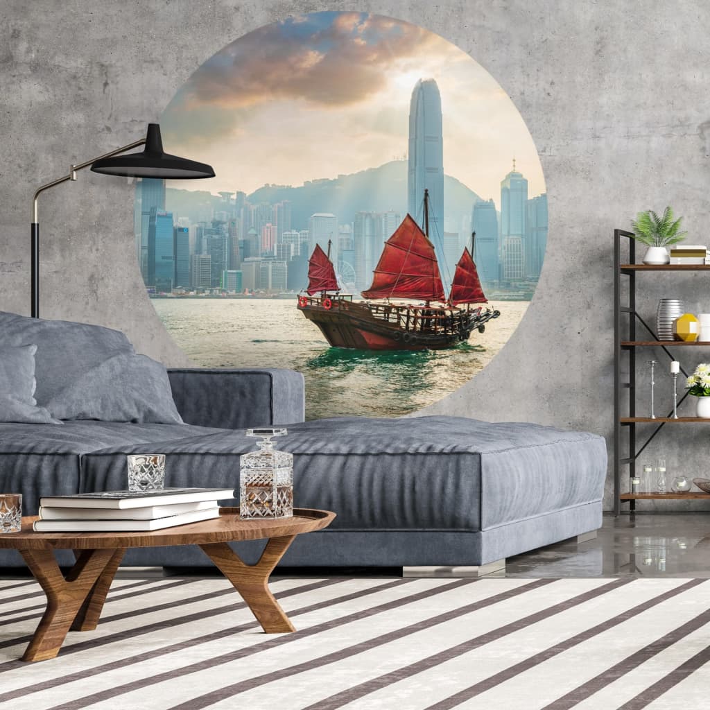 WallArt Cerchio Carta da Parati Skyline with Junk Boat 142,5 cm 440350