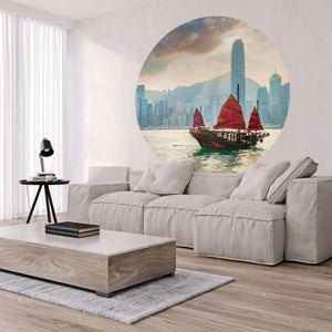 WallArt Cerchio Carta da Parati Skyline with Junk Boat 142,5 cm 440350