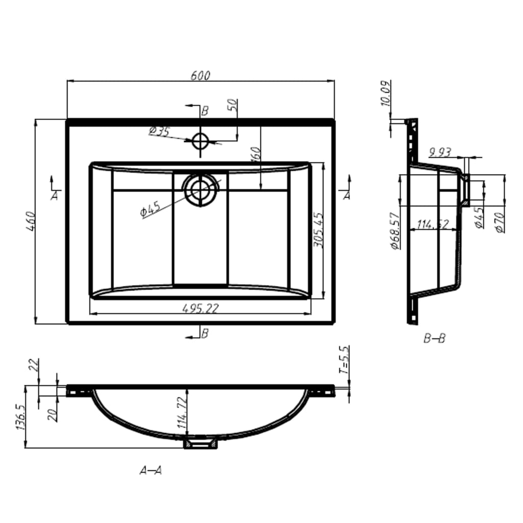 Lavabo da Incasso 600x460x130 mm in SMC Bianco 146515