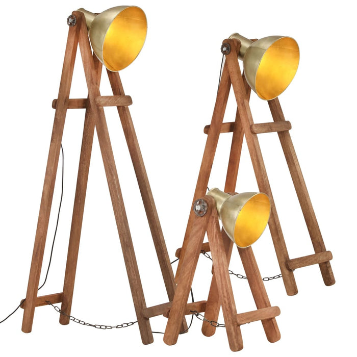 Lampade da Pavimento 3 pz Ottone E27 Legno Massello di Mango cod 12269