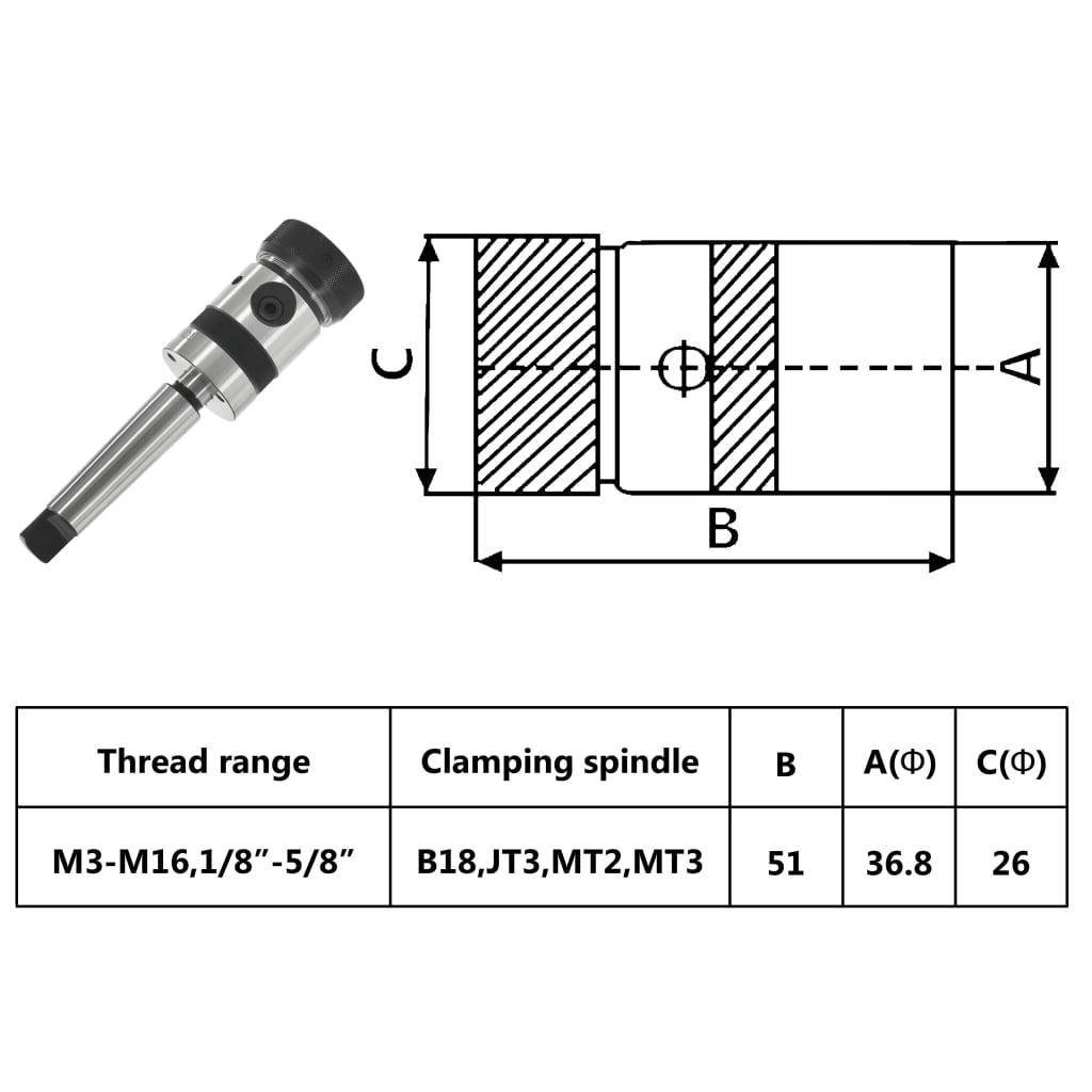 Mandrino Maschiatura B18 Gambo MT3 Filettatura Interna M3-M16 cod mxl 50761