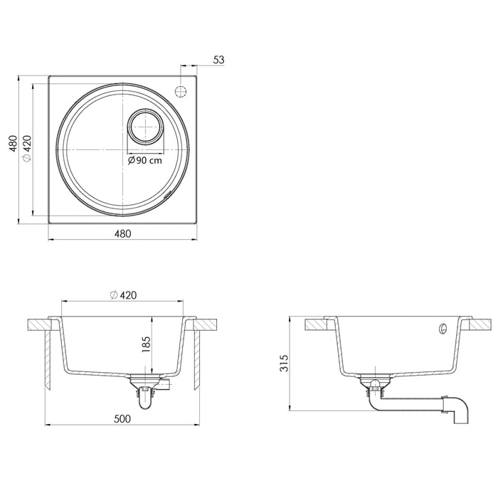 Lavello da Cucina con Foro Troppopieno Nero in Granito cod mxl 43566