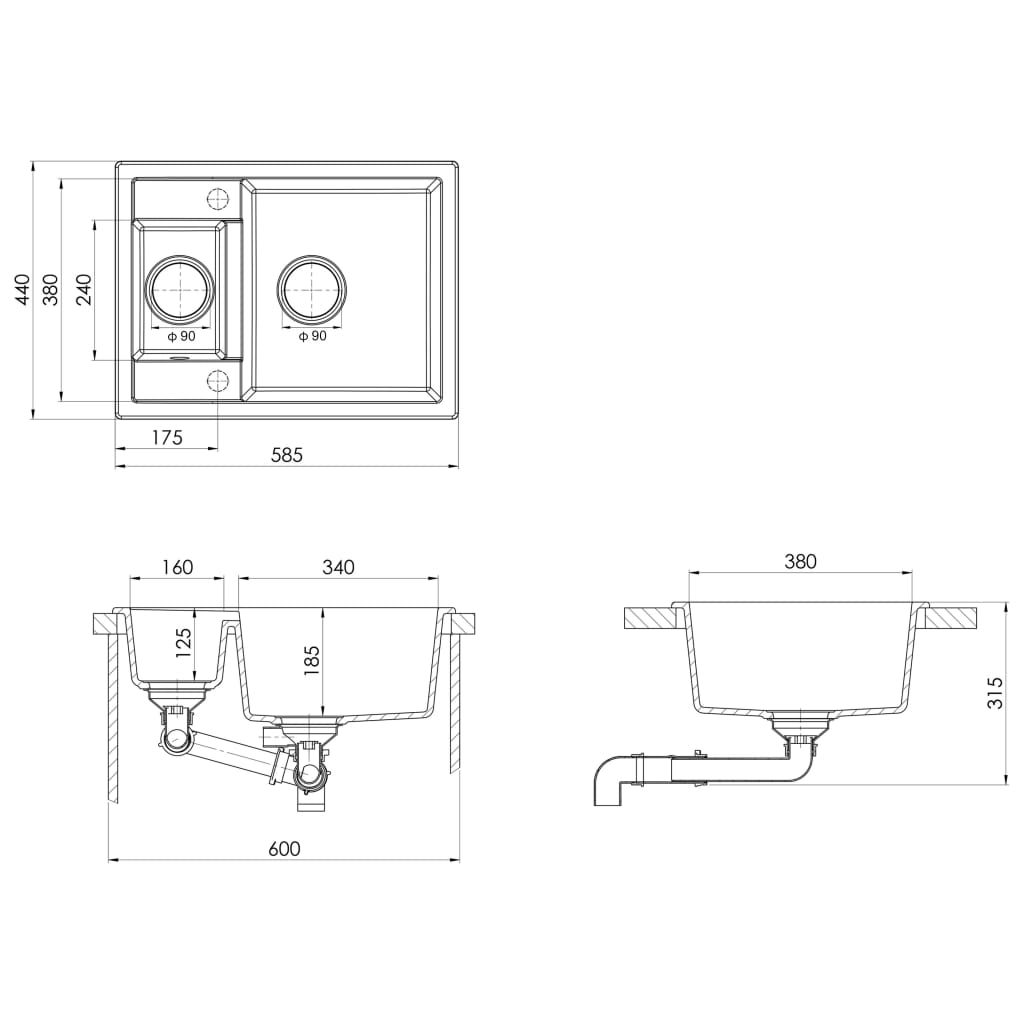 Lavello da Cucina Doppio con Foro Troppopieno Grigio in Granito cod mxl 46802