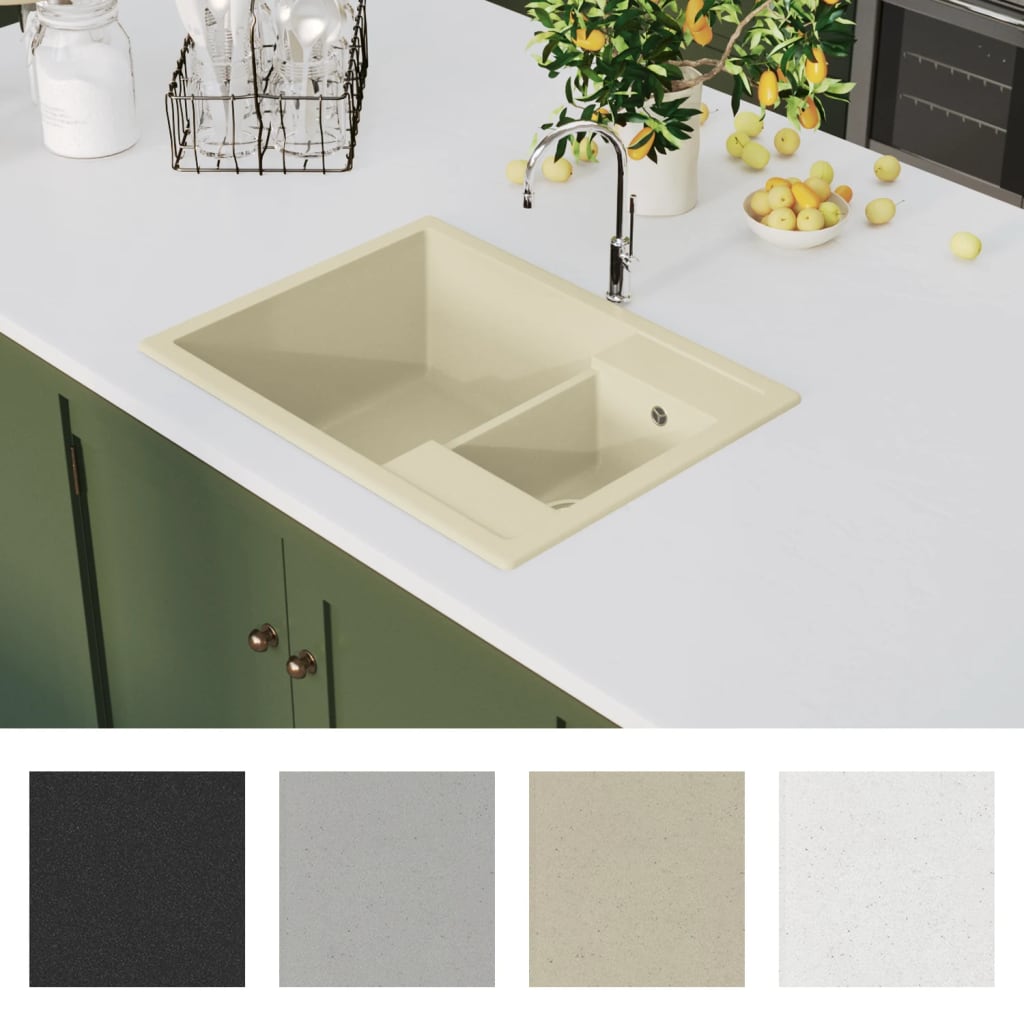 Lavello da Cucina Doppio con Foro Troppopieno Beige in Granito cod mxl 40586